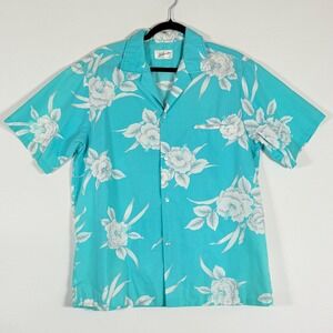 Vintage Helenas Mens Large Hawaiian Shirt Turquoise Floral Made in Hawaii Cruise